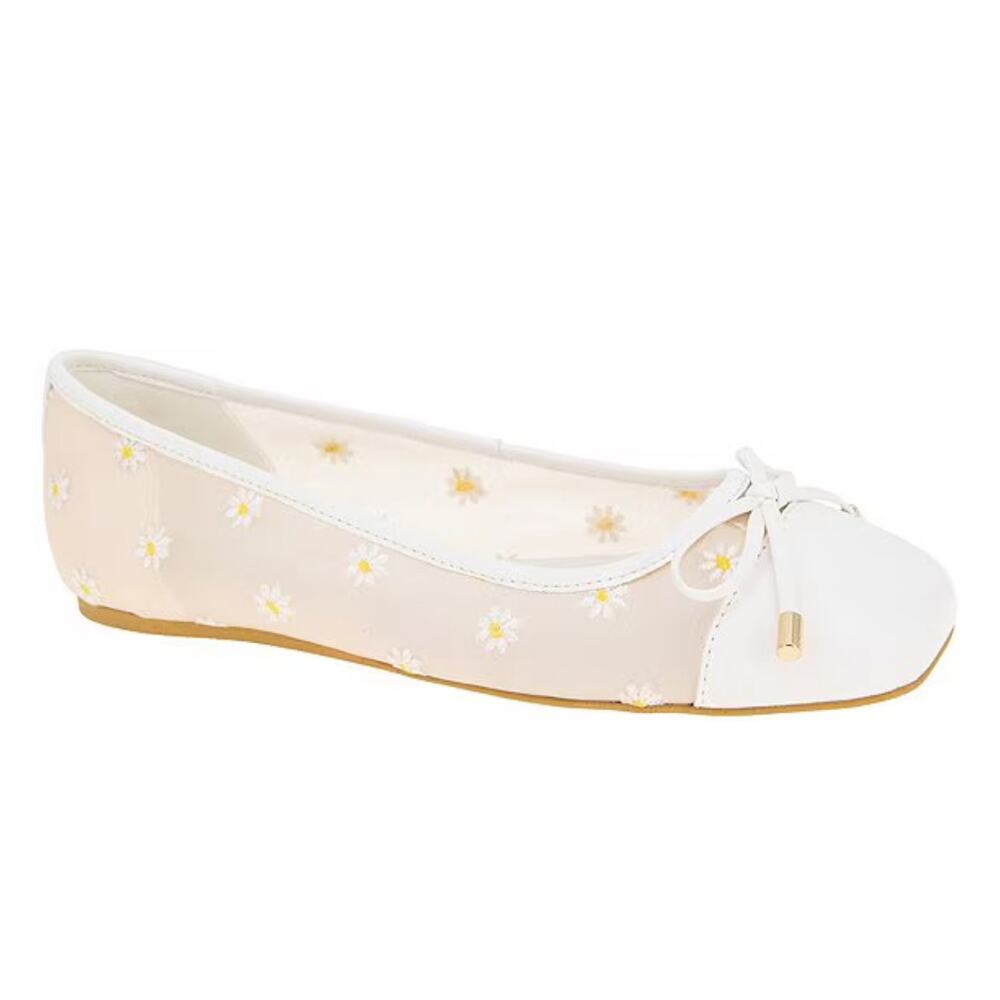 BCBGeneration Women's Hartly Square Toe Mesh Ballet Flats in White Daisy. Size 7